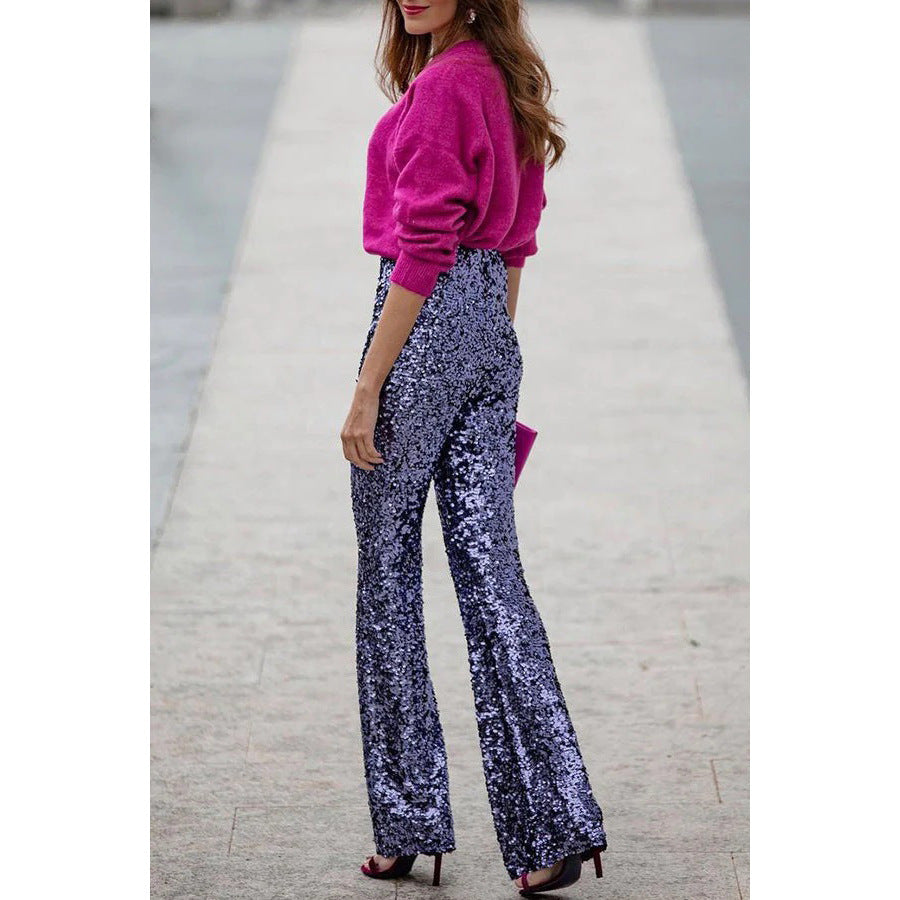 European And American Sequins Elastic Waist Slim Elastic Bell-bottom Pants