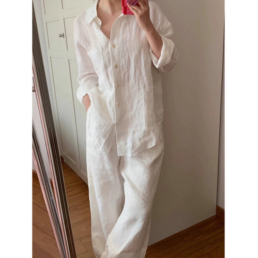 Linen-cotton White Shirt And Pants Set For Women