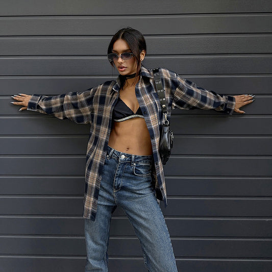 Casual Loose Color-contrast Check Shirt