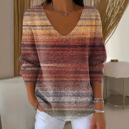 Drop Shoulder V-neck Long Sleeve Pullover 3D Digital Printing Women's Top T-shirt