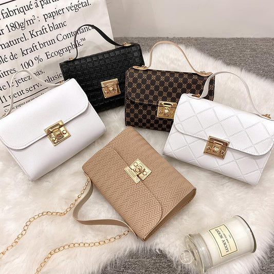 Women's Fashion Multi-grain Locking Chain Small Square Bag