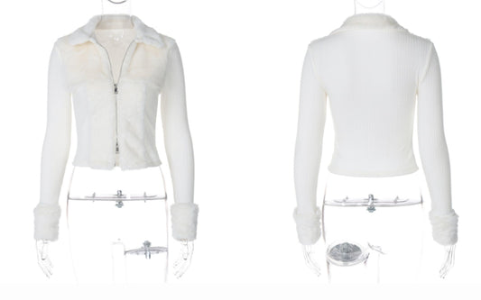 Double-sided Zipper Cardigan With Lapel And Furry Patch Long Sleeve Top