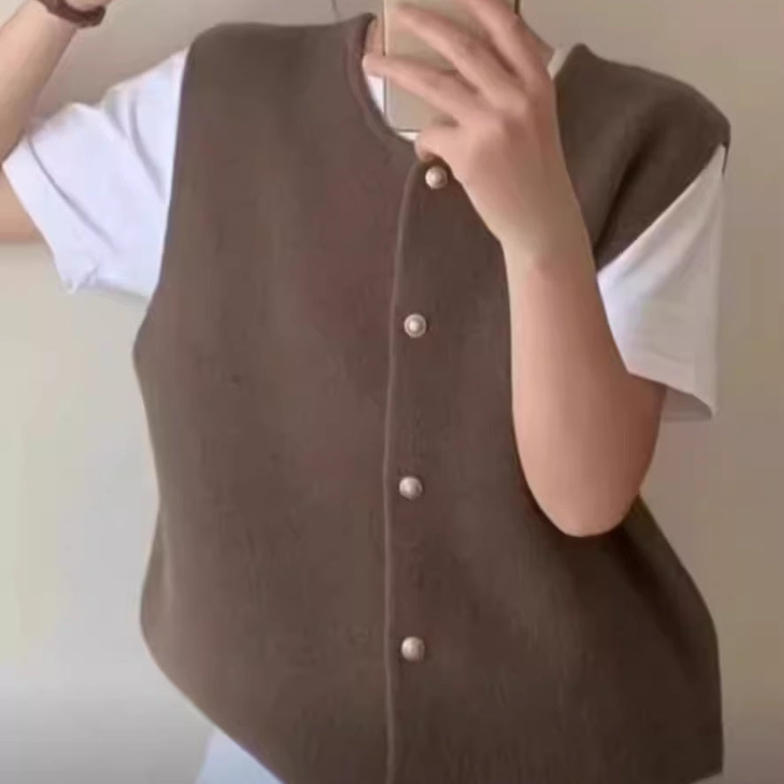 Small Golden Button Knitted Vest Women's Spring And Autumn Outer Wear Loose
