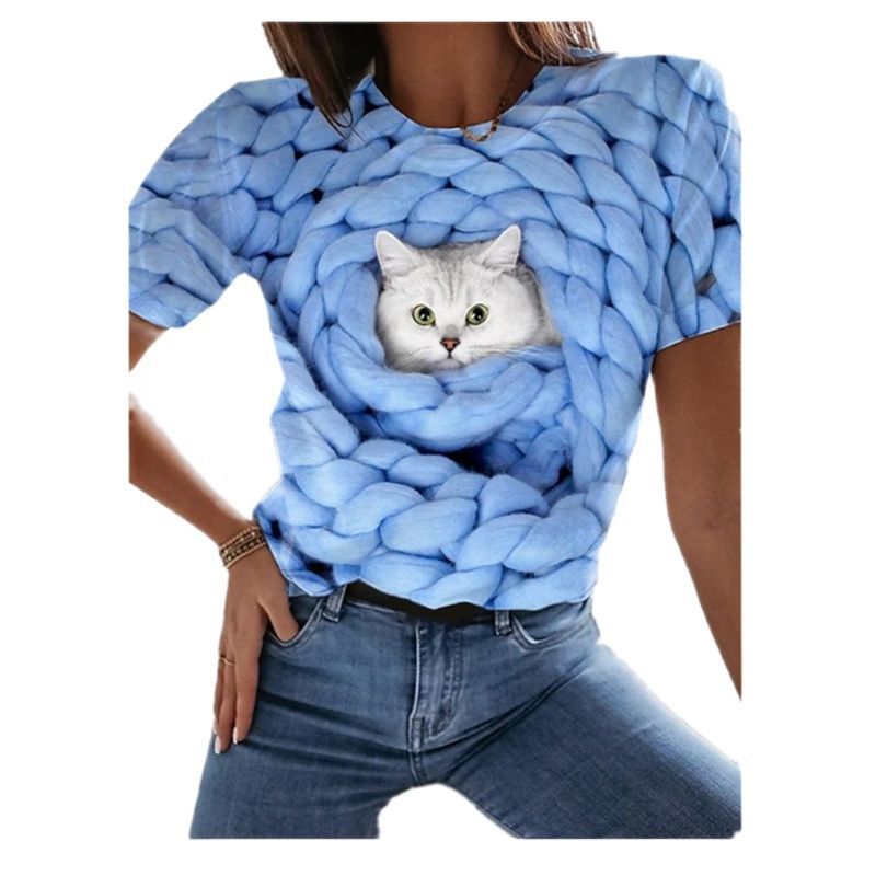 Cat Face Print Summer Women's T Shirt