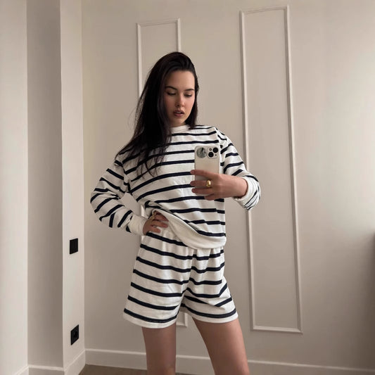 Soft Cotton Striped Suit Casual Long Sleeve Sweatshirt And Shorts
