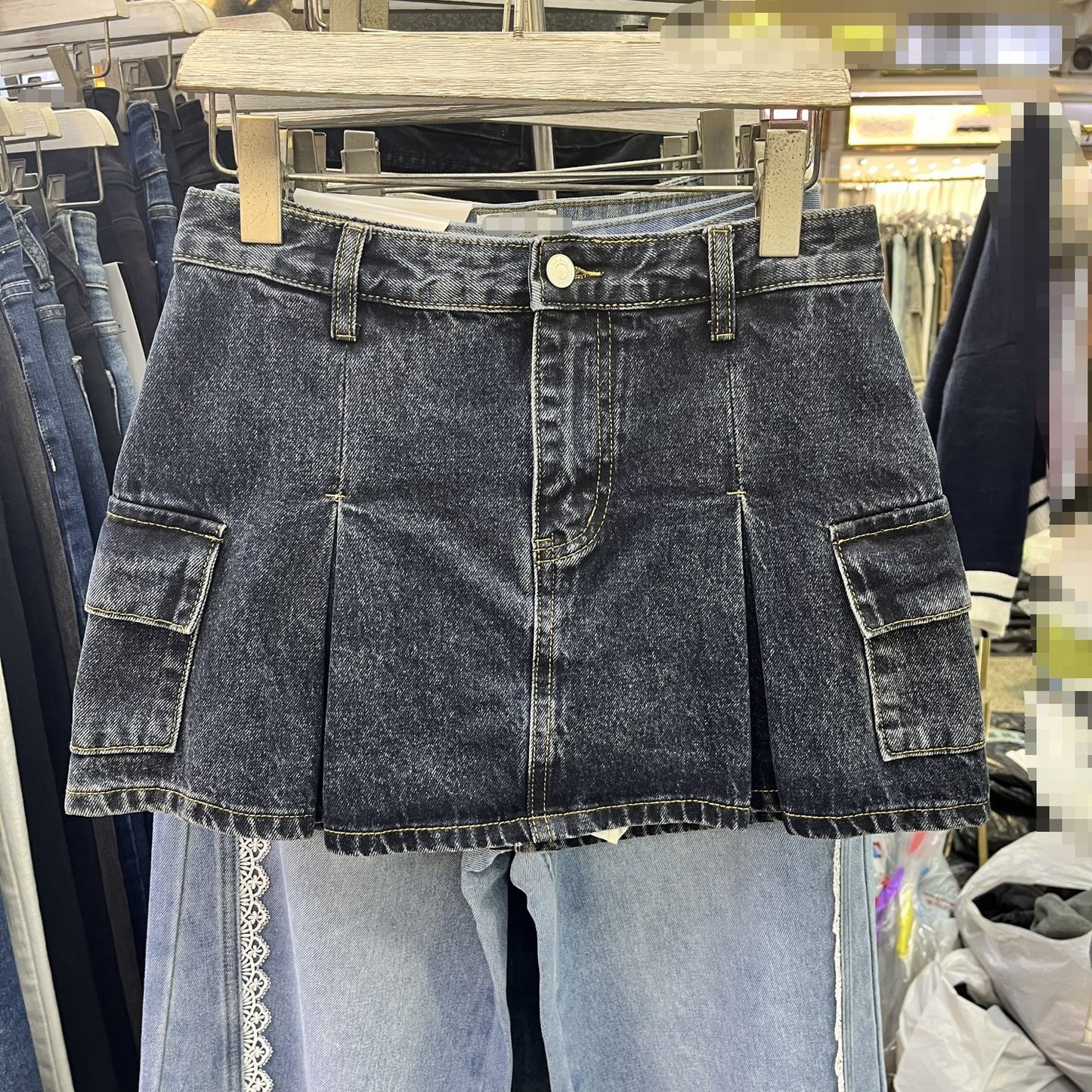 Hong Kong Style Retro A- Line Denim Skirt High Waist Pleated