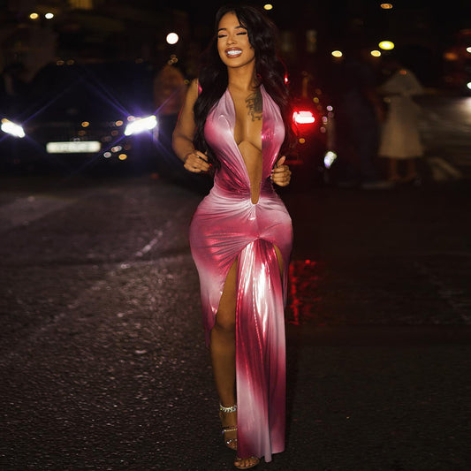 Womens Deep-V Sleeveless High-Waisted Asymmetrical Split Dress