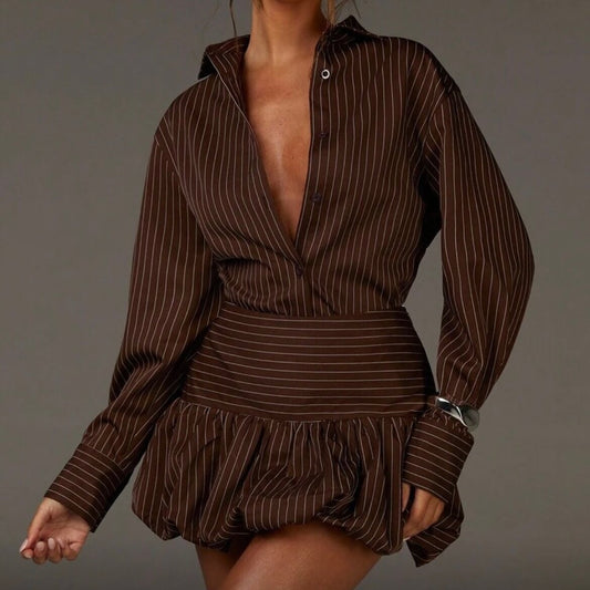 Autumn Sweet Striped Shirt Collar Dress Long Sleeve Waist-cinching Two-piece Set
