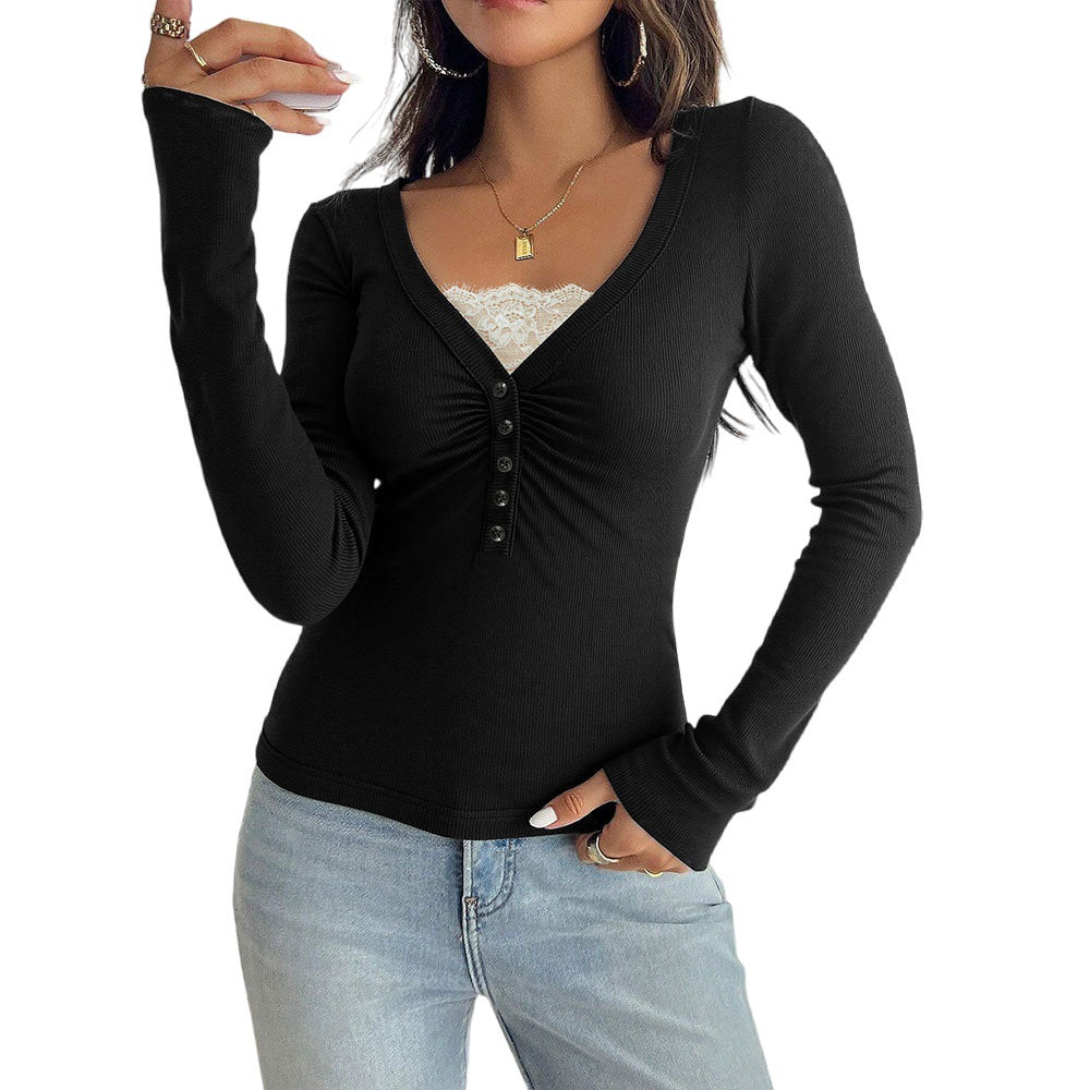 French Knit Chest Pleat Design Slim Sexy V-neck Top