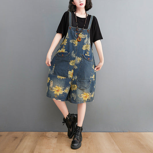 Women's Summer Fashion Denim Suspender Print Shorts