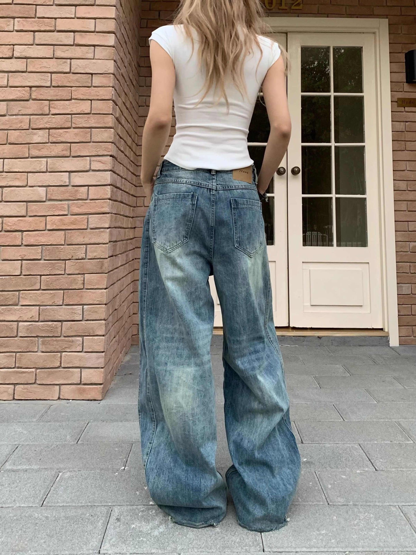 Retro Patchwork Design Wide Leg Jeans Casual Mopping Trousers