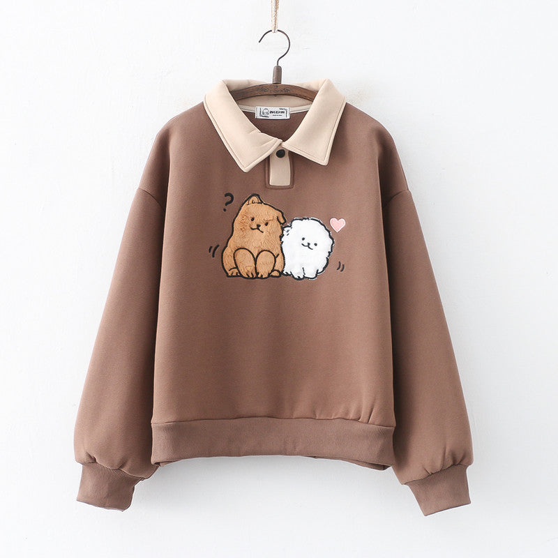 Winter Cartoon Wool Embroidery Puppy Thickened Pullover Long Sleeve Sweater