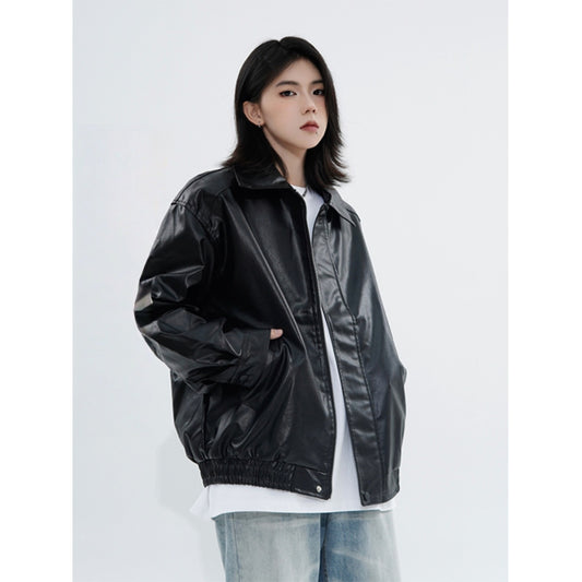 Retro Casual Loose Leather Jacket For Spring And Autumn
