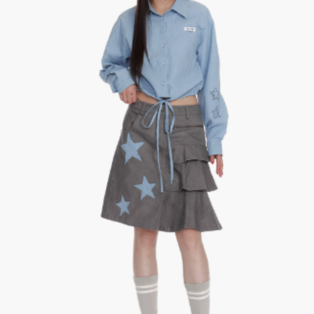 Bubble Gauze Plaid Patchwork Star Pleated Skirt For Women