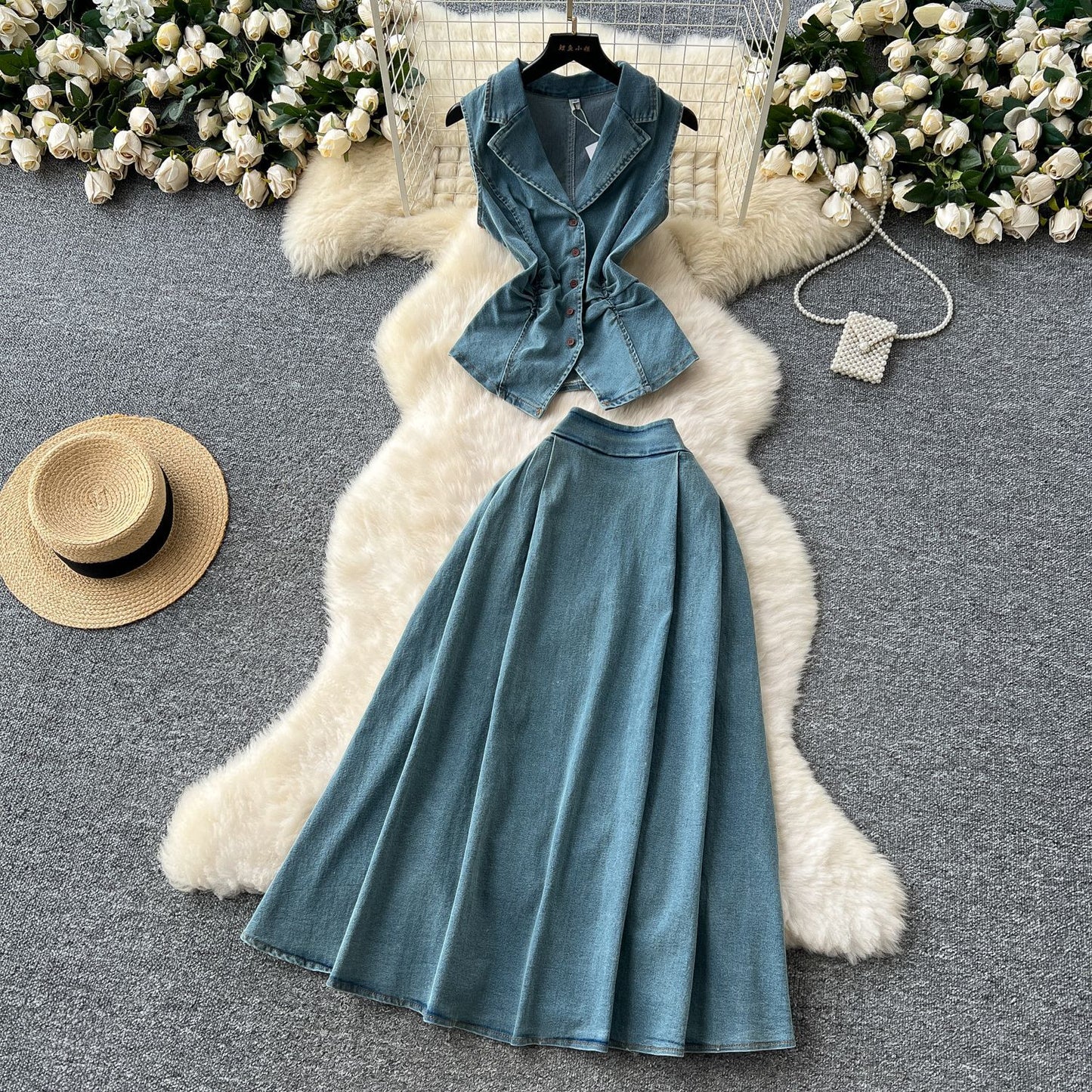 Womens Mature-style Pleated Waist-cinching Blazer With A Lapel Collar And High-waisted Midi Skirt
