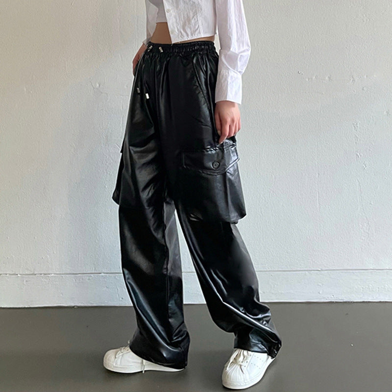 Street Pocket Tooling Leather Straight Leg Pants Elastic Waist Wide Punk Texture