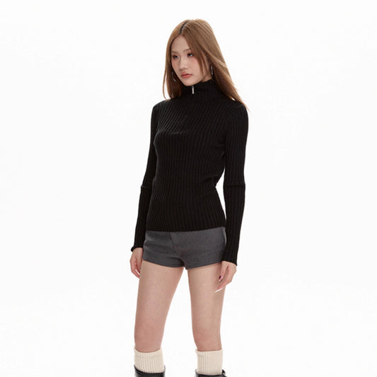 Black Long Sleeve Turtleneck Sweater Zipper Thickening Bottoming Shirt