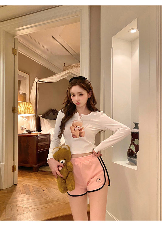 Cute Age Reduction Bear Print T-shirt Women's Spring Long Sleeves