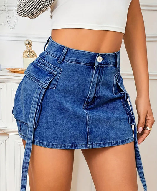 Workwear Pocketed Body-Hugging Short Denim Skirt