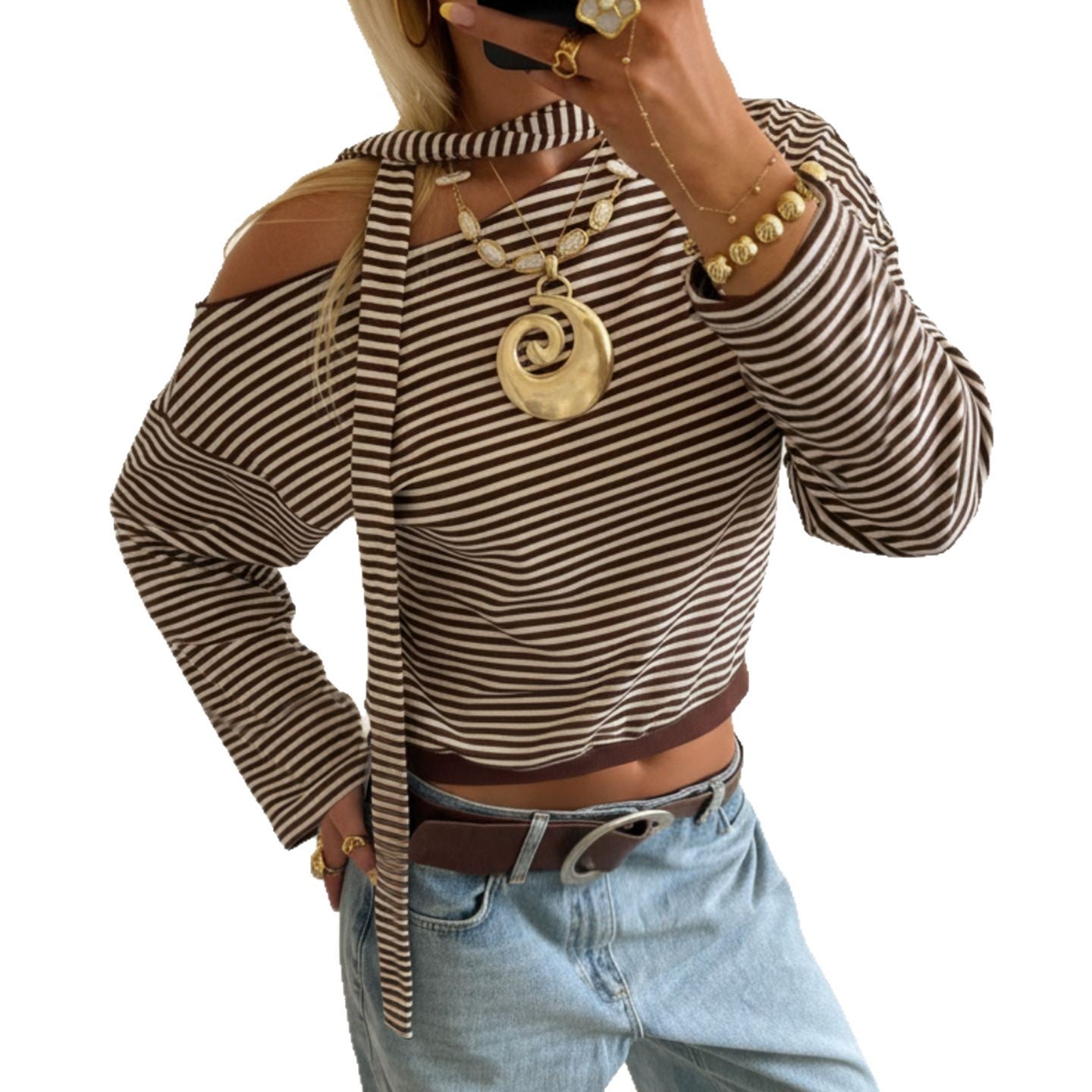 Small Elegant Graceful Diagonal Striped Scarf Long Sleeve T-shirt