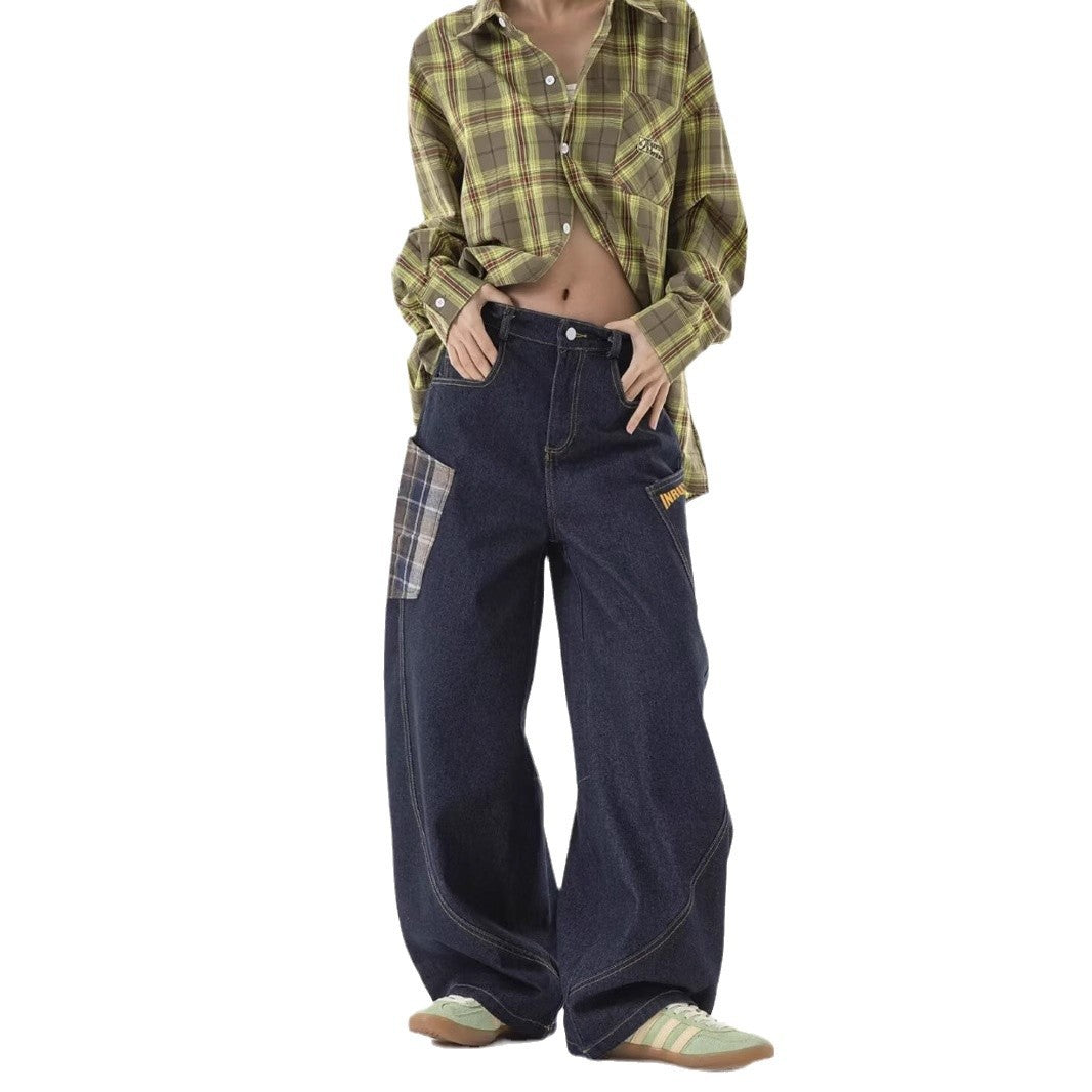Straight jeans i amerikansk plaid-patchwork