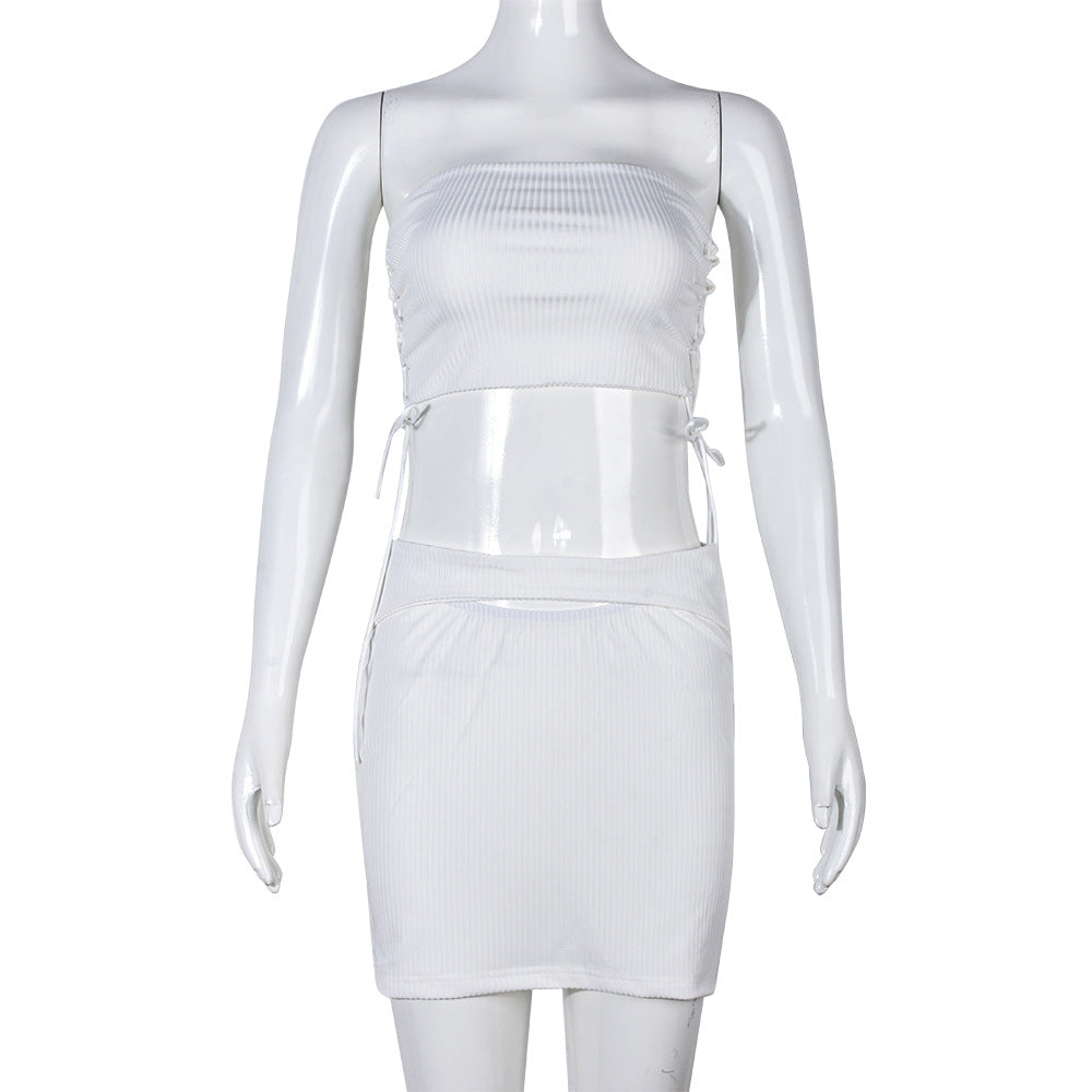 Elastic Bust Wrap Top And Short Skirt Set With Drawstring
