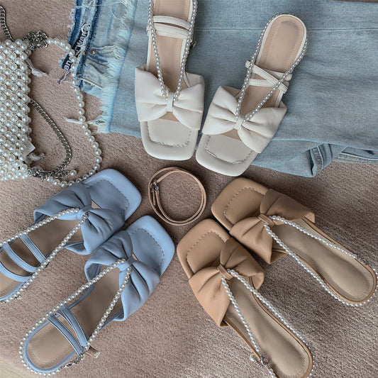 Elegante sløjfe perlekæde sommer nye stilet sandaler til kvinder