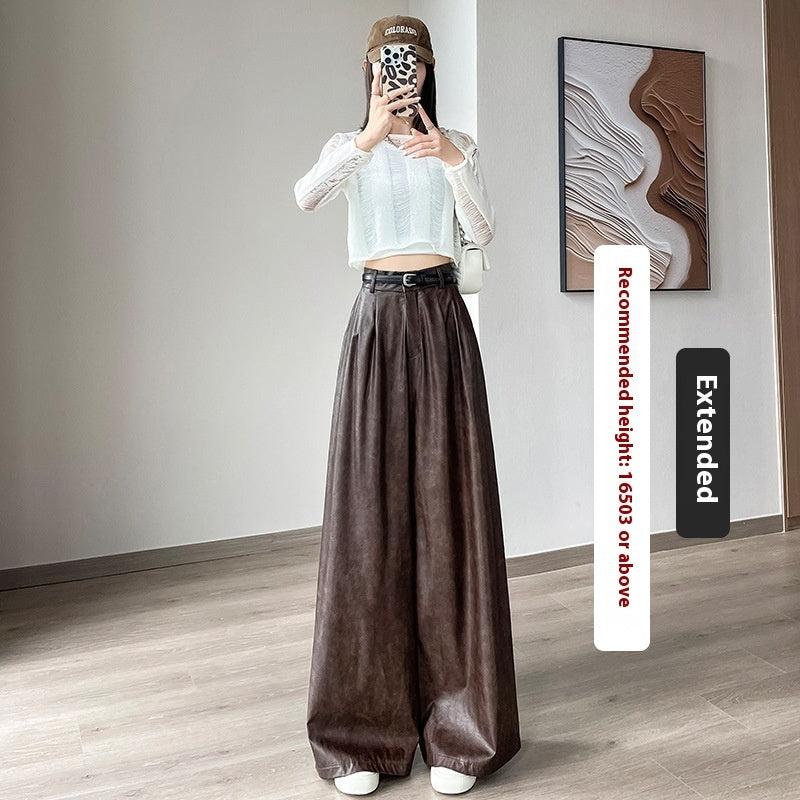 High Waist Loose Straight Slimming Leather Wide-leg Pants Drape Mop Pants