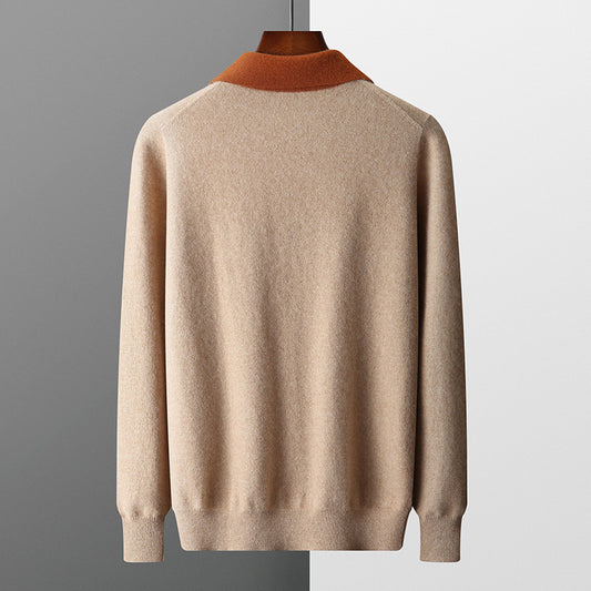 Foreign Trade Men's Autumn And Winter Contrast Color Wool Knitted Half-open Polo Long-sleeved Fleece Sweater