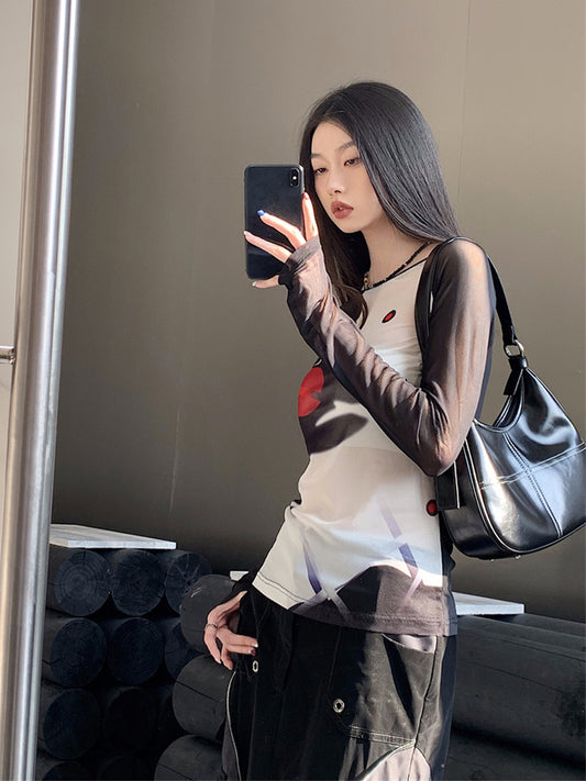 Round Neck Mesh Long Sleeve Printed Bottom Shirt