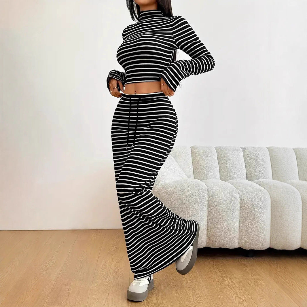 Half-turtleneck Long-sleeve Top With A Drawstring-waisted Long Skirt In A Striped Set