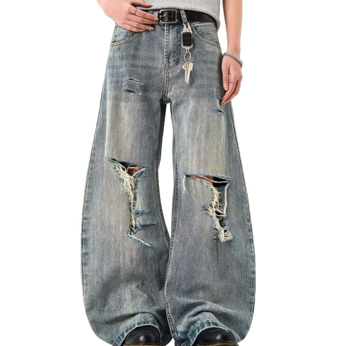 Distressed Ripped Bamboo-pattern Curved Knife High-street Loose Wide-leg Pants For Men And Women