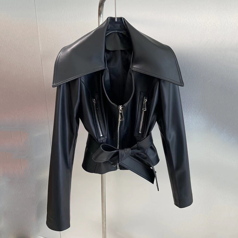 New Sheepskin Leather Short Hong Kong Style Leather Coat