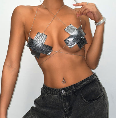 Metal Sequins Vest Lace-up Tube Top Sling