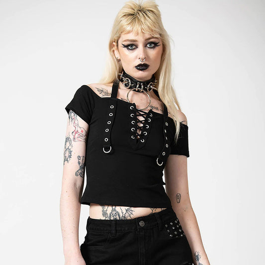 Europe And The United States Dark Wind Eyelet Strap Halter Top