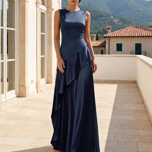French-style Elegant Round-neck Sleeveless Dress A Fashionable Maxi Skirt With Ruffled Hem