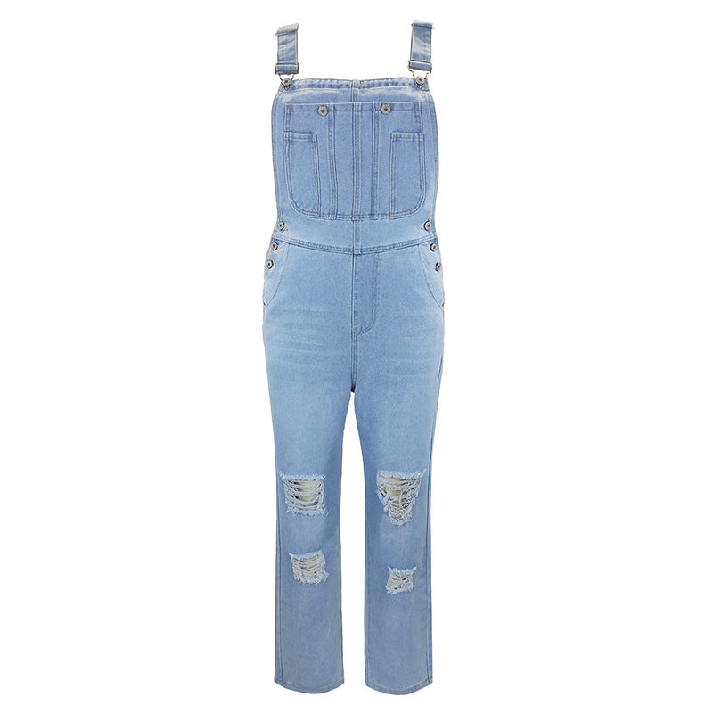 Jumpsuit Women's Fashion Denim Ripped Hole Cut Solid Color Overalls