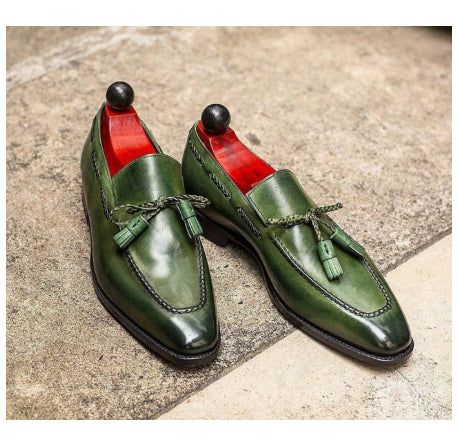 British-style Round-toe Mens PU Green Tassel Shoes