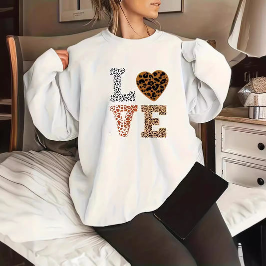 Rundhalset Leopardprint Kærlighed Plus Size Trøje Til Piger