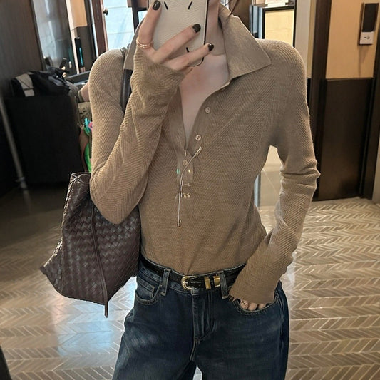 Khaki Polo-neck Fitted Womens Knit Top