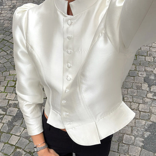 Women's Stand Collar Puff Sleeve Elegant Shirt