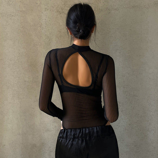 European And American Style Mesh See-through Sexy Sexy Top Women's Round Neck Long Sleeve Jumpsuit
