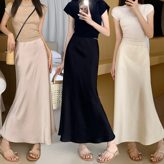 French Style Vintage Satin Sheath Fishtail Skirt Long Women
