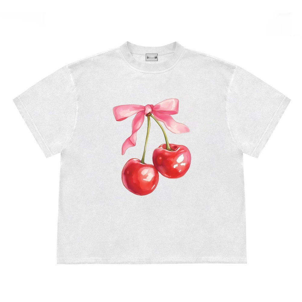 Cherry Bow Print Women's Vintage T-shirt