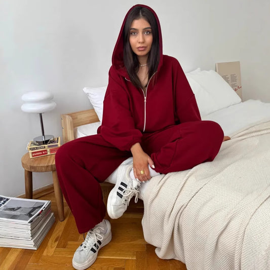 Womens Casual Set Long-sleeve Zip-up Cardigan Hoodie