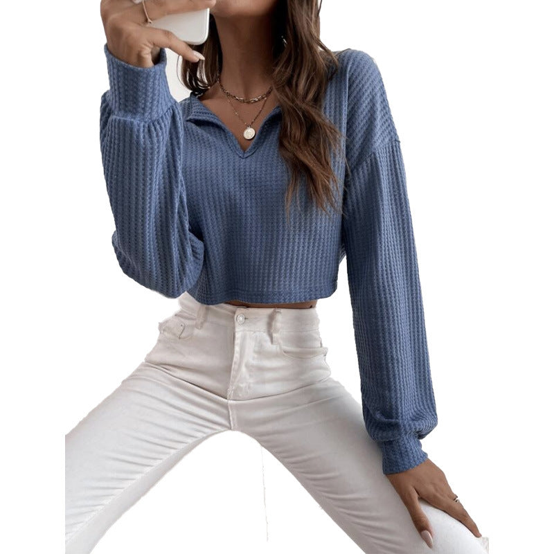 New Women's V-neck Solid-color Cropped Long-sleeve T-shirt