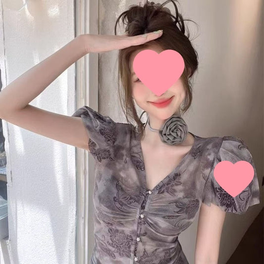 Retro Mesh Printed Shirt Elegant Collar Waist-cinching Blouse