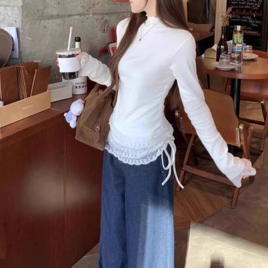 Womens Solid-Color Duvet Lace Mock Neck Top With Ties