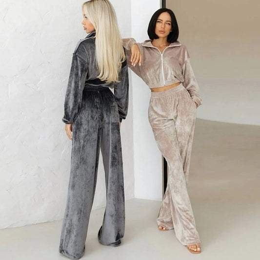Fashion Women's Long-sleeve Lapel Zip-up Cardigan Hoodie Fleece Sweater Trousers