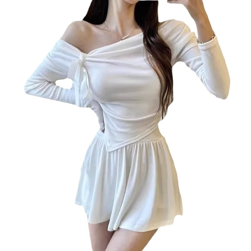 Fashionable Sexy Off-Shoulder Bow-Trimmed Asymmetrical Hem Long-Sleeve Top And Pants Set